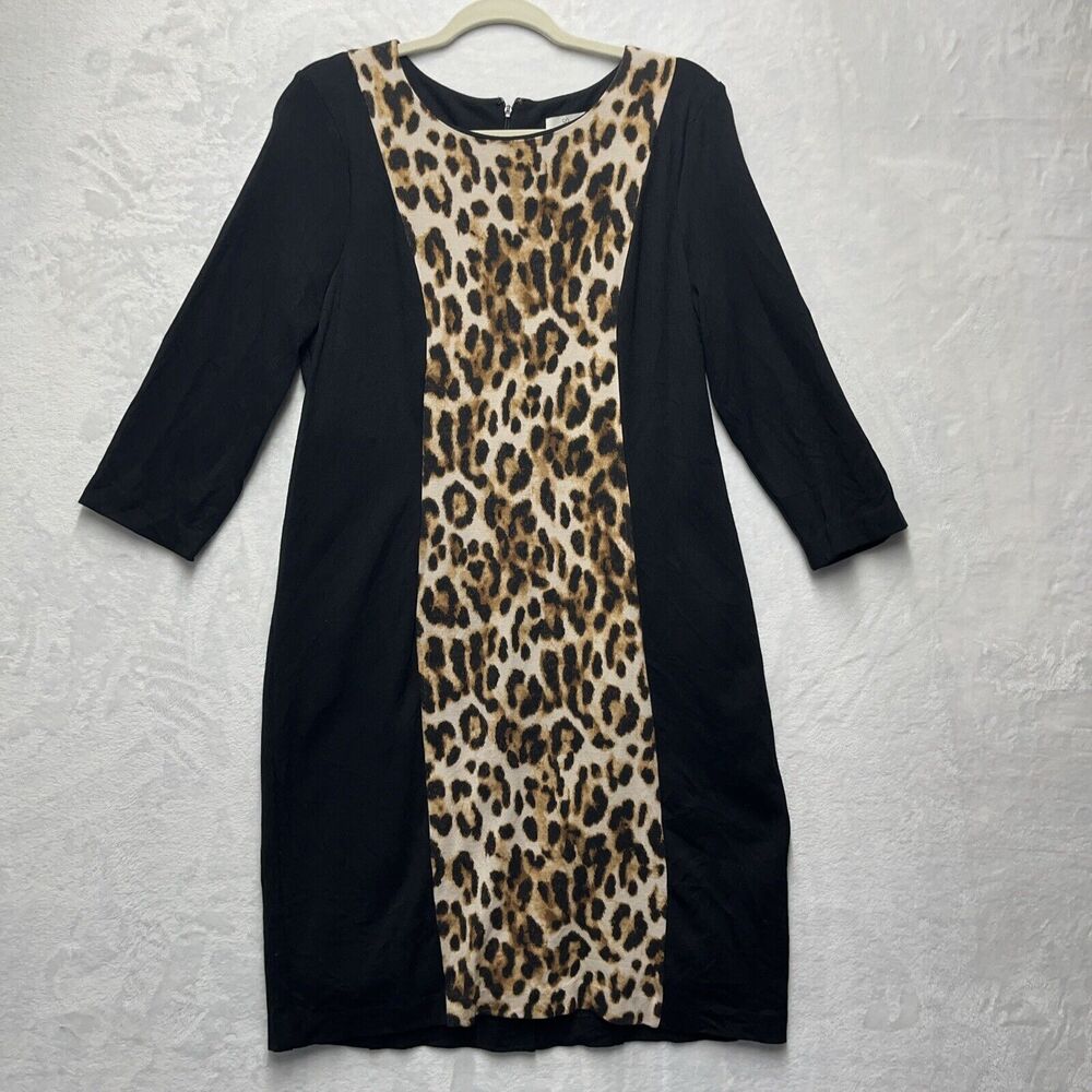 Chico's So Slimming Midi Dress Womens Med/10 Black Leopard Print Knit 3/4 Sleeve